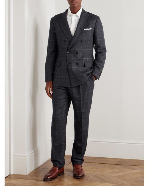 Brunello Cucinelli Blue Checked Double-breasted Cashmere And Virgin Wool-blend Suit Jacket for men