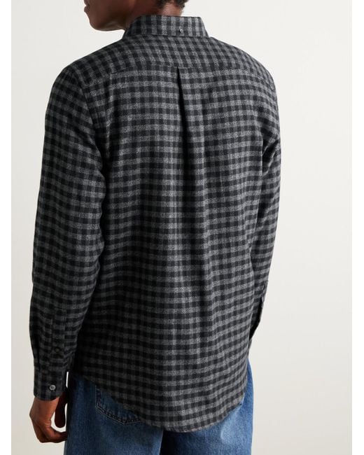Portuguese Flannel Blue Roca Button-down Collar Checked Cotton-flannel Shirt for men
