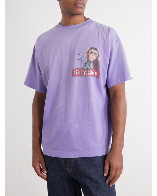 SAINT Mxxxxxx Purple Bape House Paint-Splattered Printed Cotton-Jersey T-Shirt for men