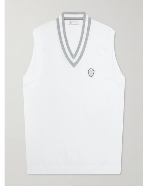 Brunello Cucinelli White Logo-Embroidered Cotton Golf Sweater Vest for men
