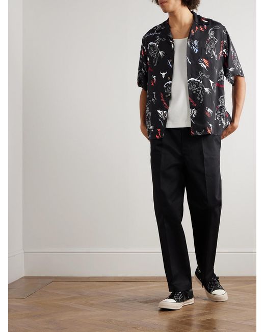 Wacko Maria Black Convertible-collar Printed Woven Shirt for men