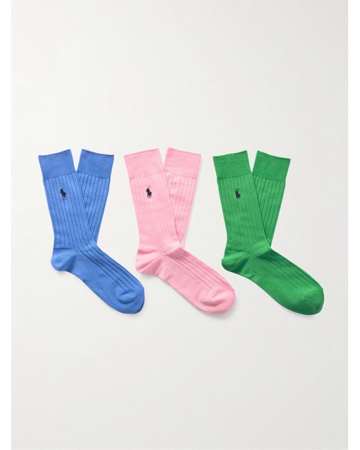 Polo Ralph Lauren Blue Three-pack Logo-embroidered Ribbed Cotton-blend Socks for men