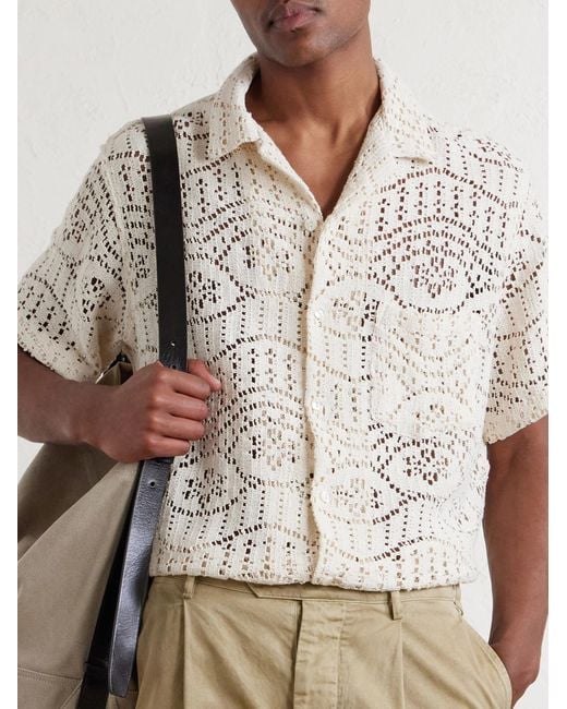 Portuguese Flannel Natural Camp-Collar Crocheted Cotton-Blend Shirt for men