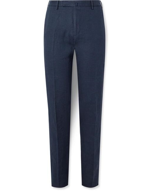 Incotex Blue Pleated Linen Trousers for men