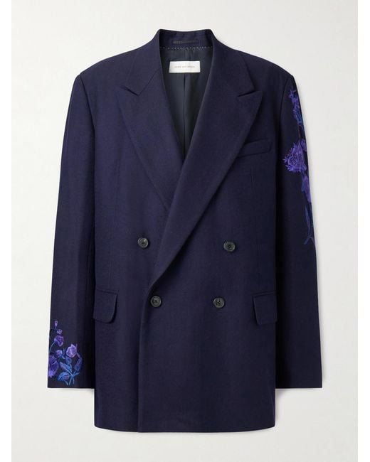 Dries Van Noten Blue Double-Breasted Embroidered Wool-Flannel Blazer for men