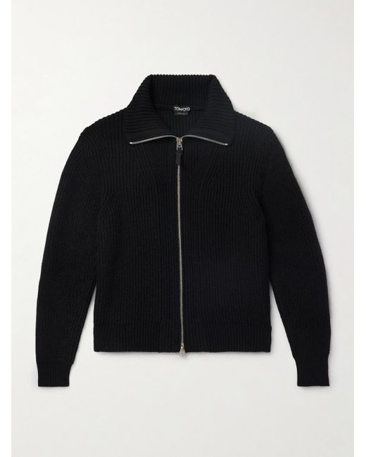 Tom Ford Black Slim-Fit Ribbed Wool And Mohair-Blend Zip-Up Cardigan for men