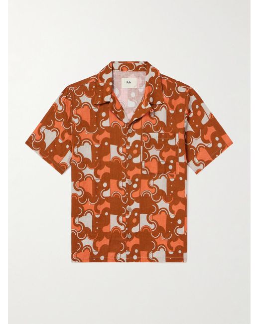 Camicia in ramiè stampato con colletto aperto di Folk in Orange da Uomo