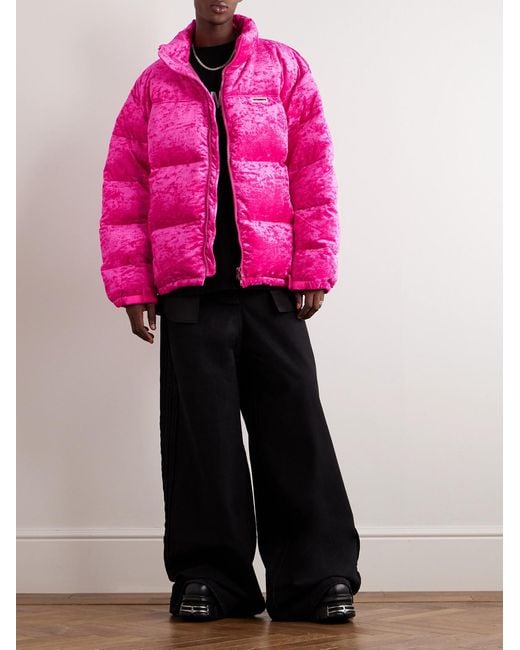 Vetements Pink Oversized Logo-Appliquéd Quilted Crushed-Velvet Down Jacket for men