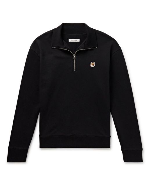 Maison Kitsuné Black Logo-appliquéd Cotton-jersey Half-zip Sweatshirt for men
