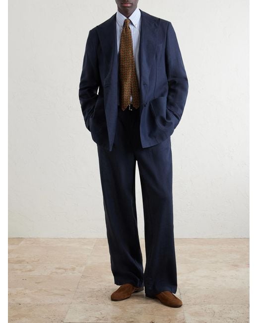 Oliver Spencer Blue Oxford Straight-Leg Striped Linen Drawstring Trousers for men