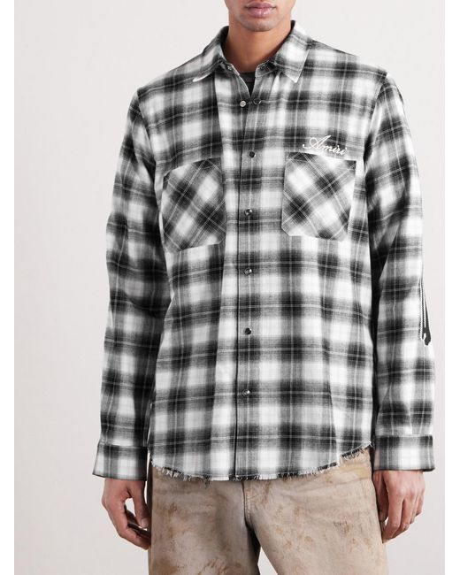 Amiri Black Bones Appliquéd Frayed Checked Cotton-Flannel Overshirt for men