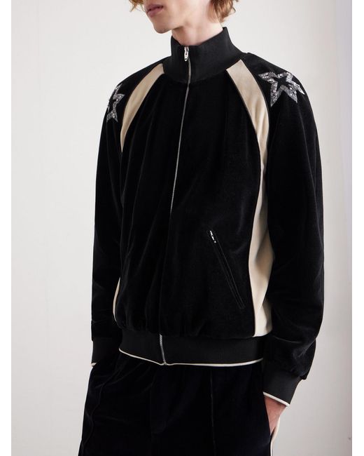 Valentino Garavani Black Beaded Crystal-Embellished Cotton-Blend Velour Track Jacket for men