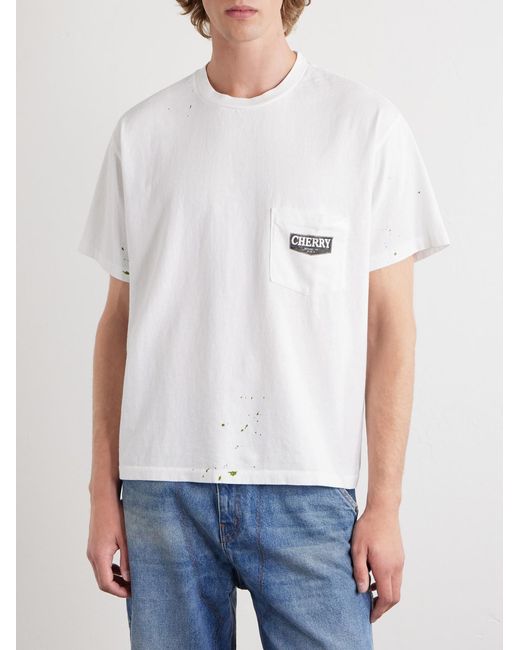 CHERRY LA White Logo-Print Paint-Splattered Cotton-Jersey T-Shirt for men