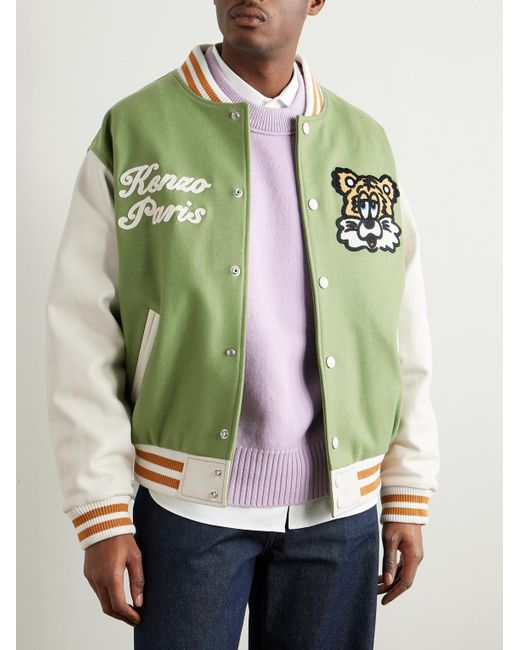 KENZO Verdy Collegejacke aus Filz aus einer Wollmischung mit Lederbesatz und Logostickerei in Green für Herren
