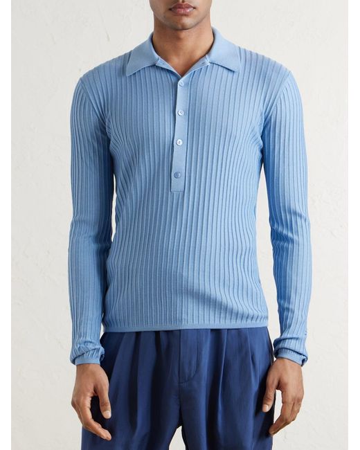 Saint Laurent Blue Slim-Fit Ribbed Wool, Cashmere And Silk-Blend Polo Shirt for men