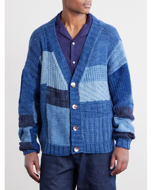 Kartik Research Blue Patchwork Cable-Knit Wool Cardigan for men