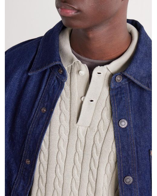 Beams Plus White Cable-Knit Cotton Polo Shirt for men