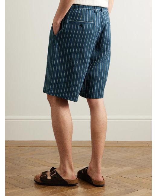 NN07 Blue Kay 1455 Straight-Leg Pleated Striped Linen Shorts for men