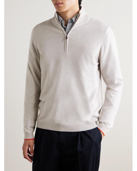 N.Peal Cashmere White Cashmere Tucci Leather-Trimmed Half-Zip Sweater for men