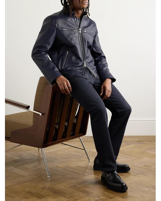 Mr P. Blue Slim-Fit Full-Grain Leather Jacket for men