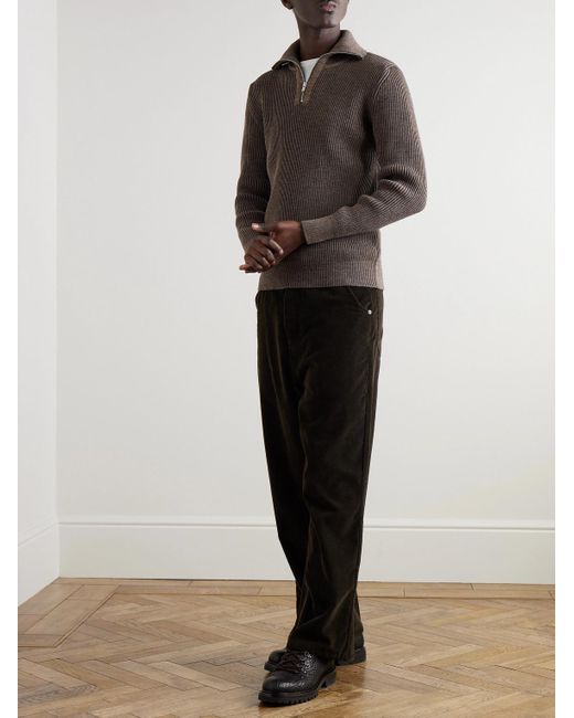 S.N.S Herning Brown Fender Iii Ribbed Wool Half-Zip Sweater for men