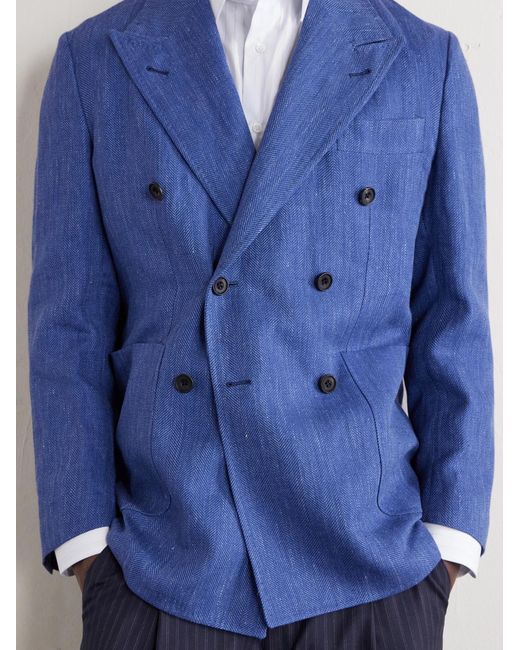 Double-Breasted Linen And Wool-Blend Suit Jacket di Rubinacci in Blue da Uomo