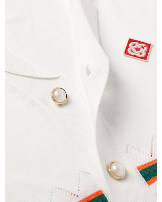 Casablancabrand White Camp-collar Logo-appliquéd Striped Pointelle-knit Cardigan for men