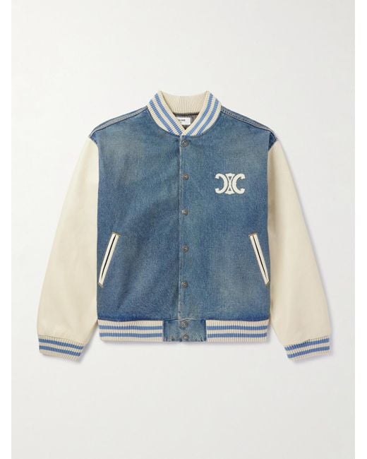Céline Blue Teddy Logo-Appliquéd Leather-Trimmed Denim Bomber Jacket for men