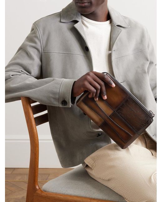 Berluti Brown Tersio Scritto Panelled Venezia Leather Pouch for men