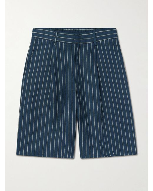 NN07 Blue Kay 1455 Straight-Leg Pleated Striped Linen Shorts for men