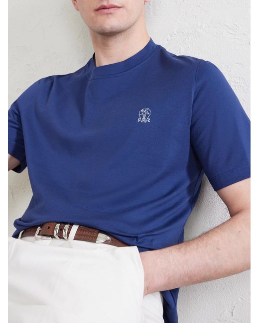 Brunello Cucinelli Blue Layered Logo-Print Cotton-Jersey T-Shirt for men