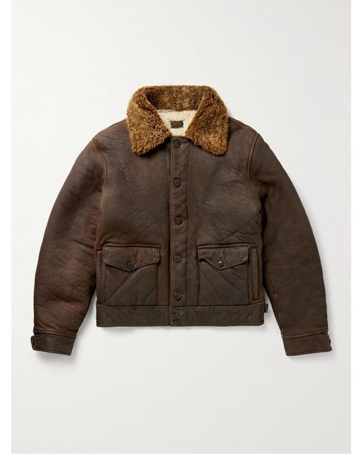 RRL Brown Peyton Shearling-trimmed Leather Jacket for men