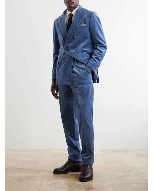 Brunello Cucinelli Blue Double-Breasted Cotton-Velvet Suit Jacket for men