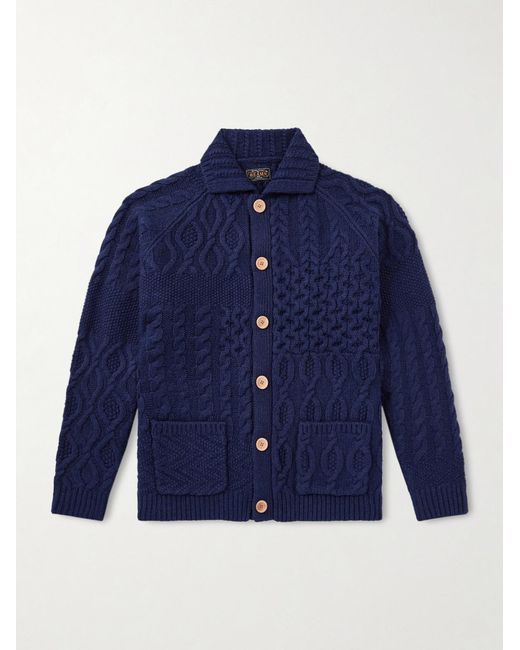 Beams Plus Blue Alan Patchwork Cable-Knit Wool Cardigan for men