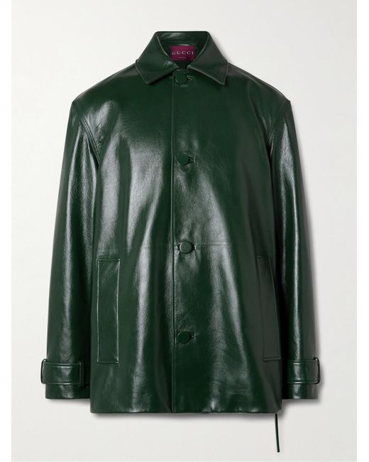 Gucci Green Logo-Embossed Belted Leather Jacket for men