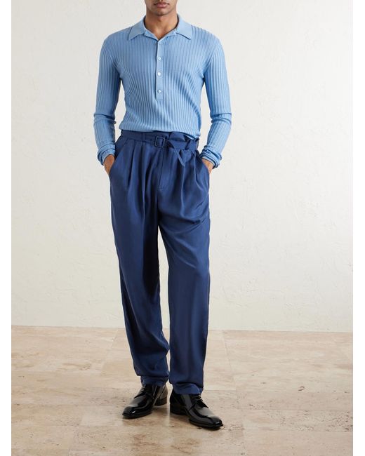 Saint Laurent Blue Slim-Fit Ribbed Wool, Cashmere And Silk-Blend Polo Shirt for men