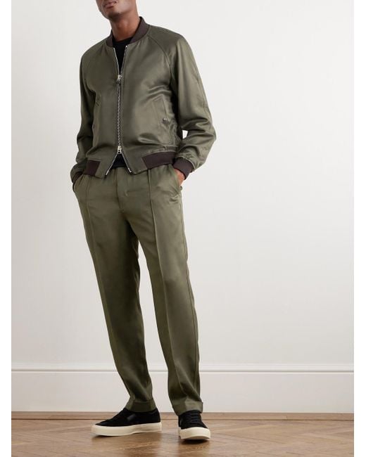 Tom Ford Green Leather-trimmed Satin Bomber Jacket for men