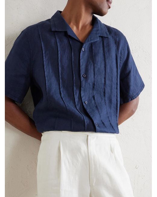 Mr P. Blue Camp-Collar Embroidered Pintucked Linen Shirt for men