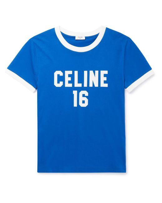 CELINE HOMME Slim-fit Logo-print Cotton-jersey T-shirt in Blue for Men