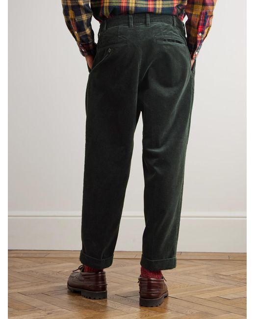 Beams Plus Black Cropped Pleated Cotton-Corduroy Trousers for men