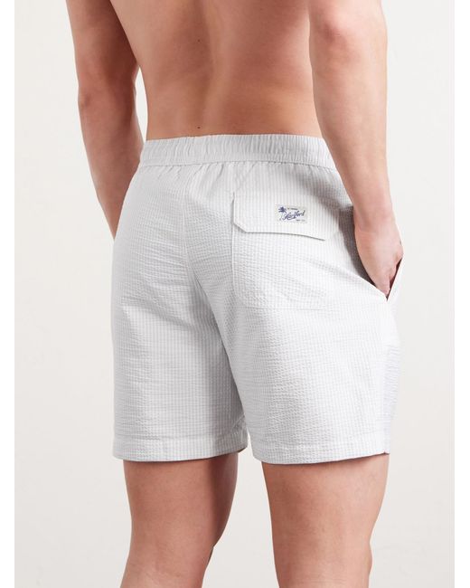 Hartford White Straight-Leg Mid-Length Striped Seersucker Swim Shorts for men