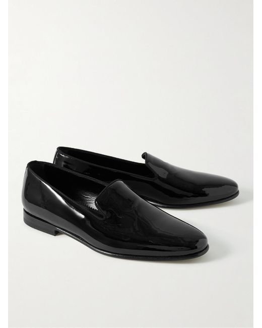 Manolo Blahnik Black Mario Grosgrain-Trimmed Patent-Leather Loafers for men