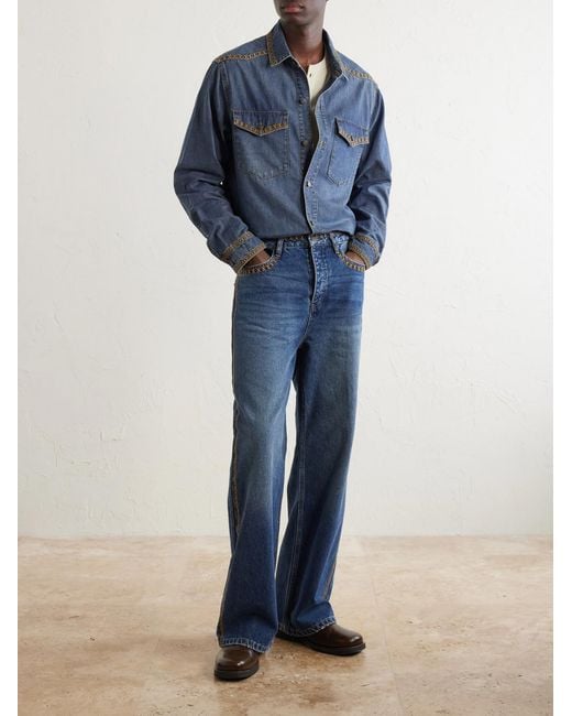 MANAAKI Blue Tukutuku Embroidered Denim Shirt for men