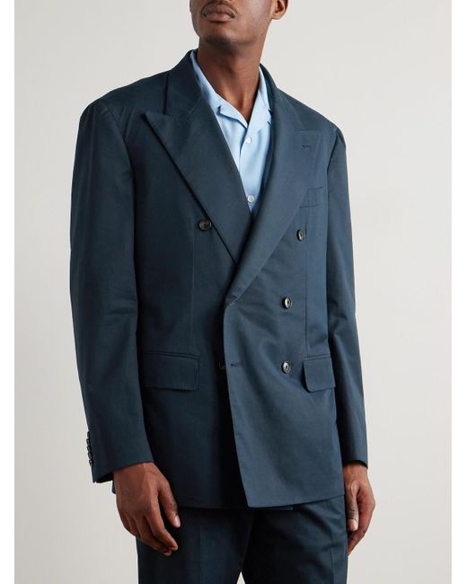 Umit Benan Blue Pietro Double-breasted Cotton-blend Twill Suit Jacket for men