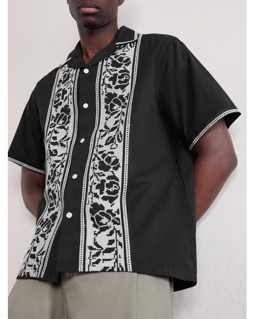 Portuguese Flannel Black Convertible-Collar Embroidered Cotton Shirt for men