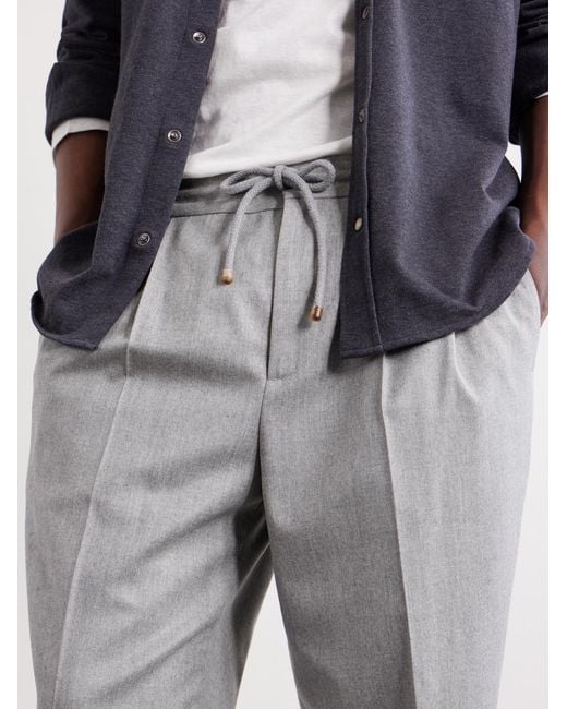 Brunello Cucinelli Gray Tapered Pleated Virgin Wool-Flannel Drawstring Trousers for men