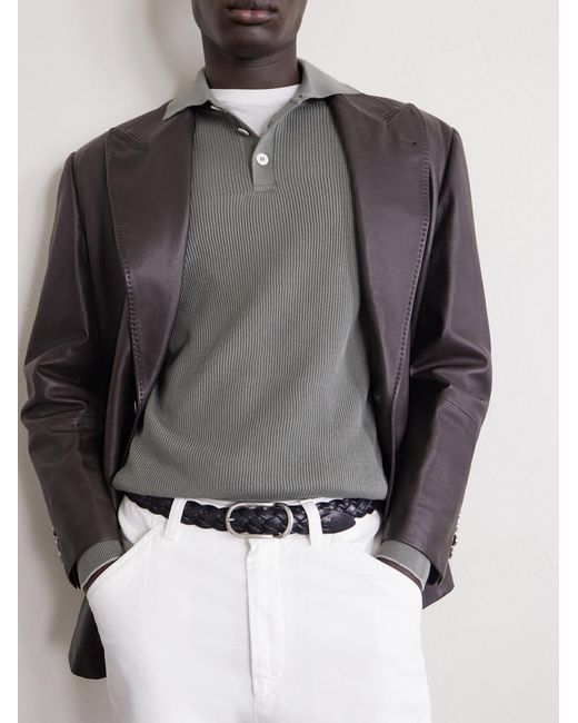 Brunello Cucinelli Gray Ribbed Cotton Polo Shirt for men