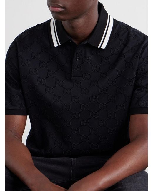 Gucci Black Logo-embroidered Cotton-piqué Polo Shirt for men