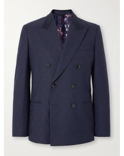 Etro Blue Double-Breasted Felt-Trimmed Wool-Jacquard Suit Jacket for men
