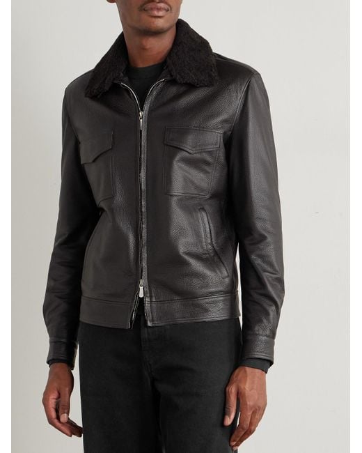 Shearling-Trimmed Leather Bomber Jacket di Eleventy in Black da Uomo